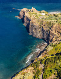 High angle view of rocks on sea shore