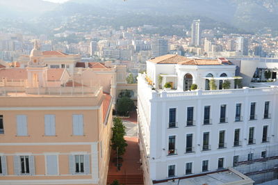 High angle view of buildings in city