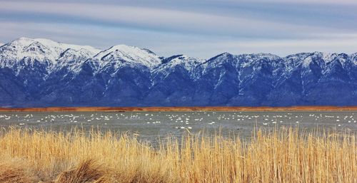 Scenic view of lake and mountains against cloudy sky