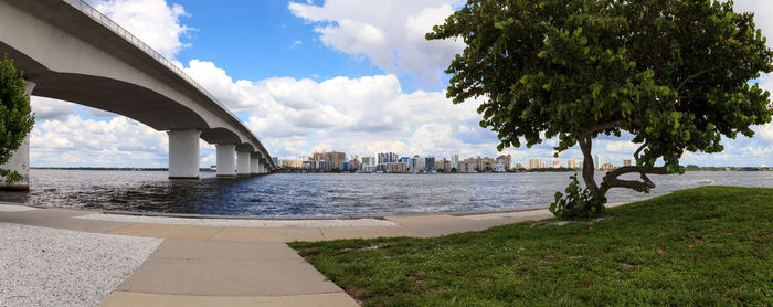 Scenic view of sea against sky in city