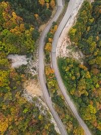 Aerial view of a winding road from a high mountain pass through a dense colorful autumn forest.