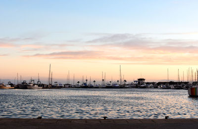 Sailboats sailing in sea against sky during sunset