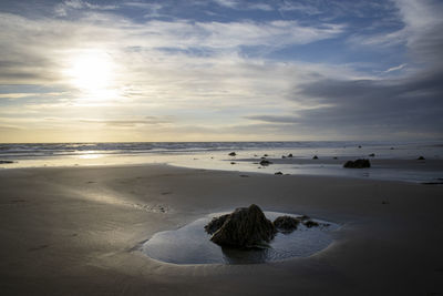 Scenic view of beach against sky during sunset