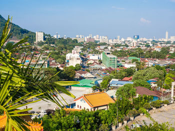 High angle shot of townscape against sky