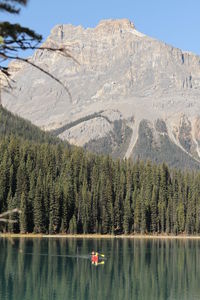 Scenic view of lake and mountains against clear sky