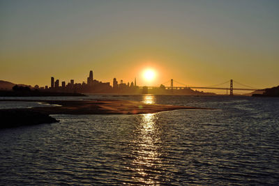 View of buildings in city at sunset