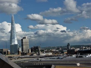 View of cityscape against cloudy sky