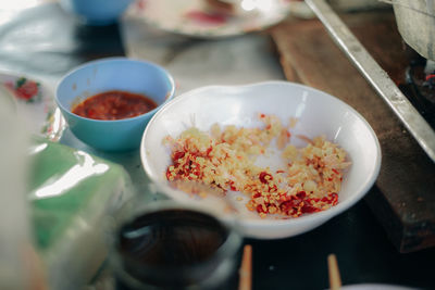 High angle view of meal served on table