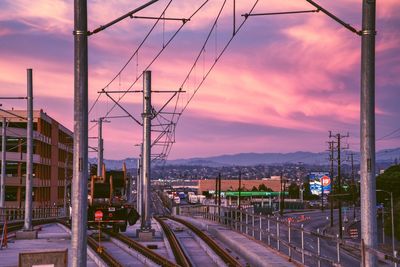 Railroad tracks in city against sky during sunset