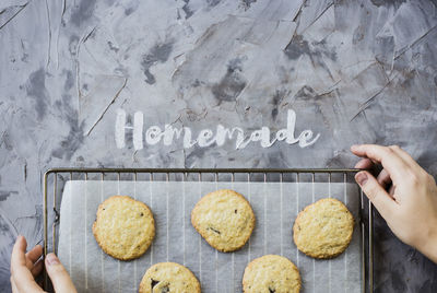 Close-up of hand holding cookies in tray