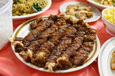 High angle view of meal served on table