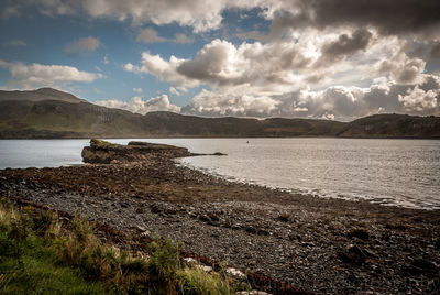 Scenic view of lake against cloudy sky