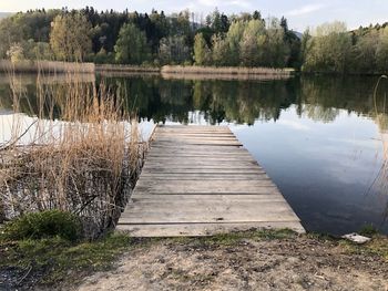 Pier over lake against trees