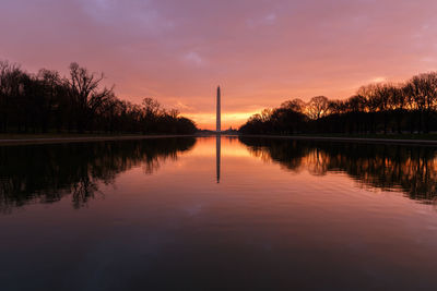 Scenic view of lake against orange sky