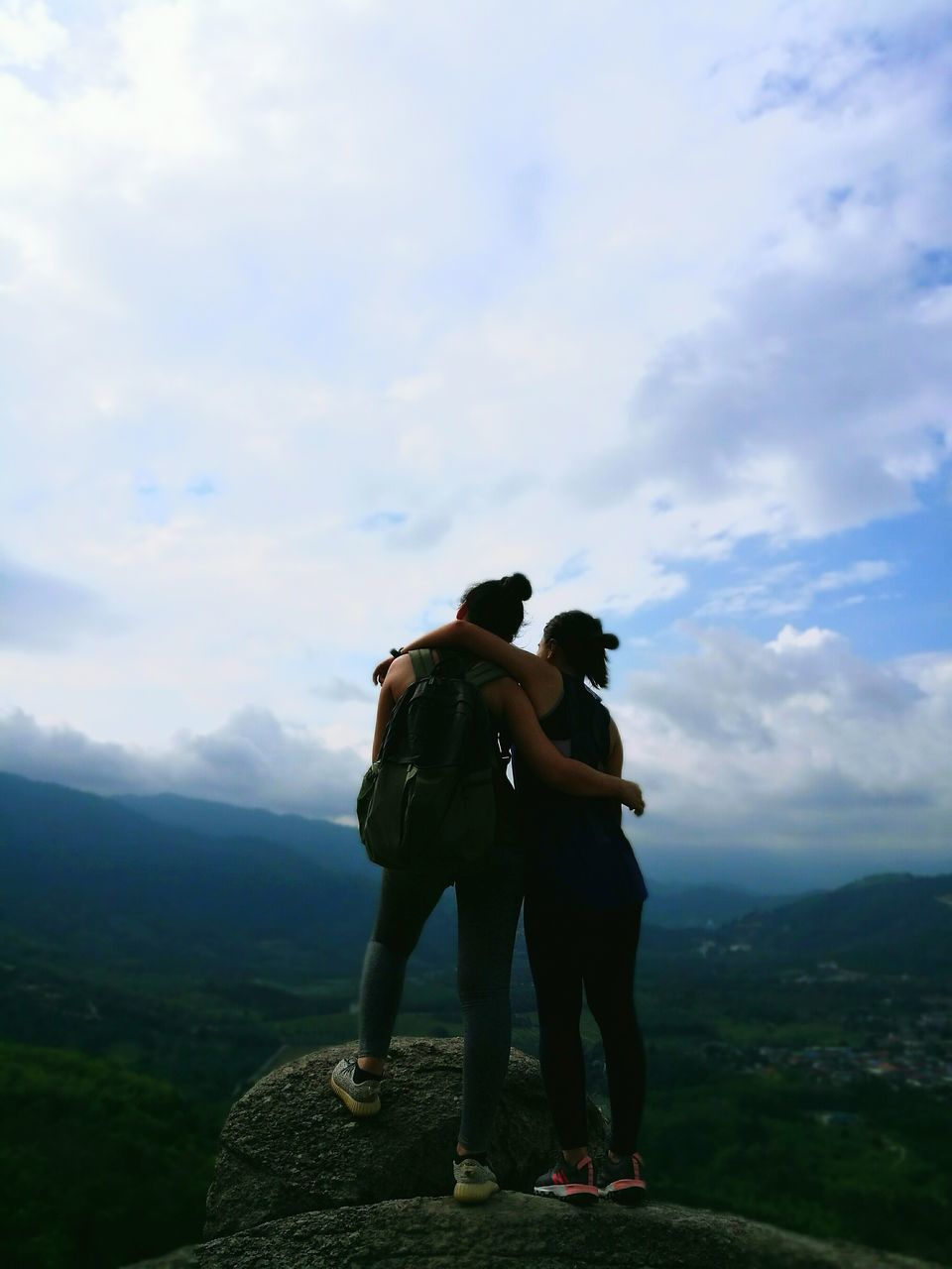 mountain, two people, full length, love, sky, men, heterosexual couple, togetherness, nature, rear view, beauty in nature, cloud - sky, hiking, standing, adventure, women, couple - relationship, scenics, day, landscape, mountain range, outdoors, young women, real people, friendship, young adult, adult, people