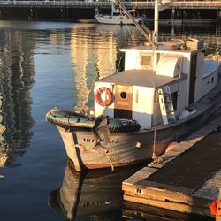 Boats moored on shore