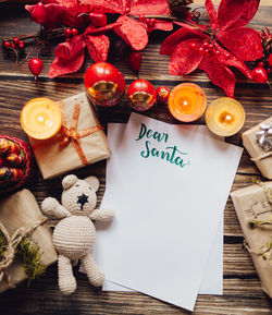 High angle view of christmas decorations on table