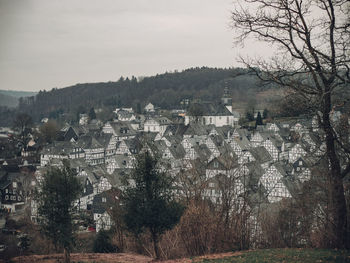 Houses and trees in town against sky