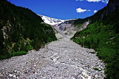 Road leading towards mountains against sky