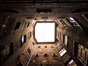 Directly below shot of buildings against clear sky