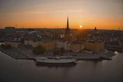 Aerial view of old toan in stockholm city during sunset