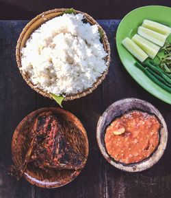 High angle view of food in plate on table