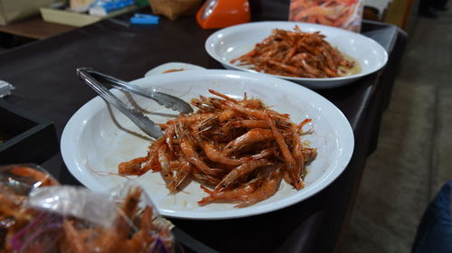 Close-up of noodles in plate on table