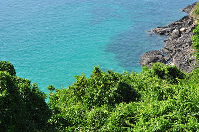 High angle view of bay against clear blue sky