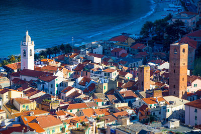 High angle view of buildings in city