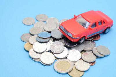 High angle view of coins on table