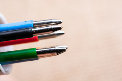 High angle view of pencils on table