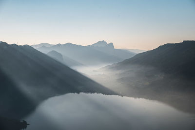 Scenic view of mountains against sky during sunset