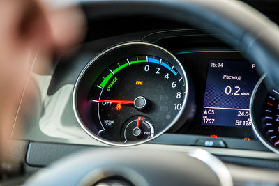 Close-up of speedometer in car