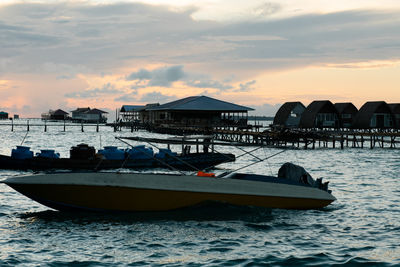Water bungalows and chalets during sunset in semporna, sabah.