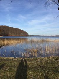 Scenic view of lake against cloudy sky