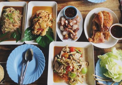 High angle view of food served on table