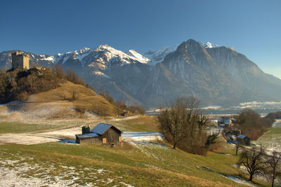 Historic old ruin in a beautiful mountain panorama in wartau in switzerland 10.1.2021