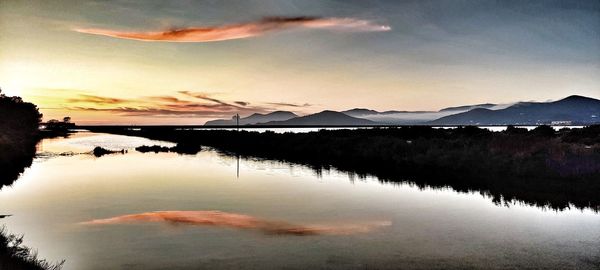 Scenic view of lake against sky during sunset