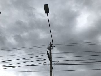 Low angle view of electricity pylon against sky