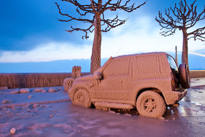 Snow covered vehicle by bare trees