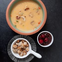 High angle view of breakfast served on table
