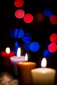 Close-up of lit candle in dark room