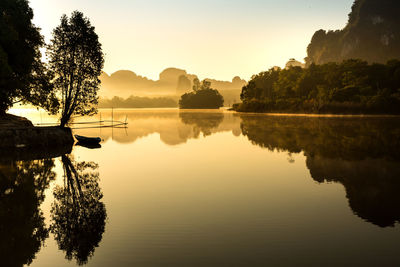 Scenic view of lake against sky during sunset