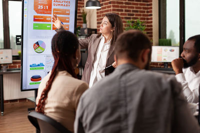 Rear view of business colleagues working in office