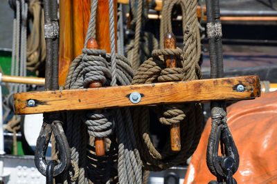 Close-up of rope tied to bollard