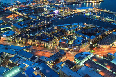 High angle view of illuminated cityscape