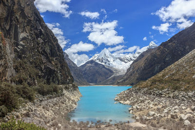 Scenic view of lake by mountains against sky