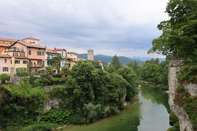 Scenic view of river amidst buildings against sky