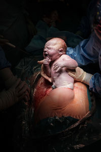 High angle view of a baby sleeping