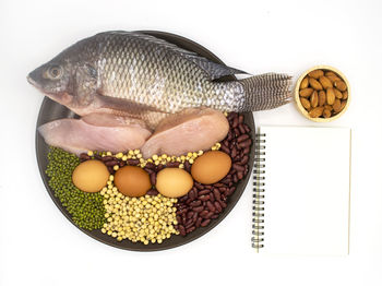 Directly above shot of eggs in bowl against white background